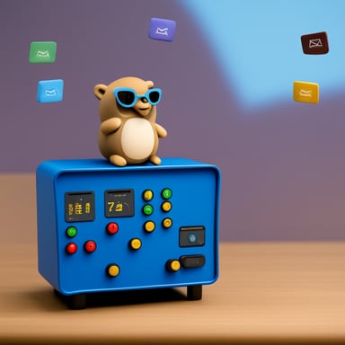 Go Blue Gopher sitting at a control panel with screens showing email and SMS icons flying to their destinations.