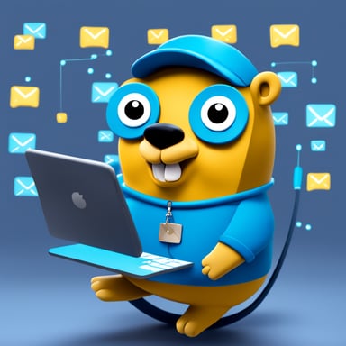 Go Blue Gopher sitting at a control panel with screens showing email and SMS icons flying to their destinations.