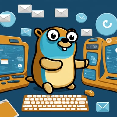 Go Blue Gopher sits at a control panel, managing a flurry of email and SMS icons as they zoom towards their destinations.