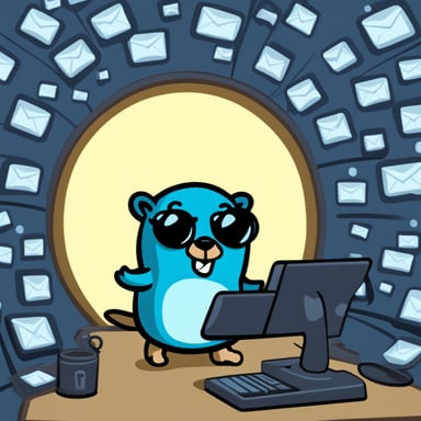 Go Blue Gopher sits at a control panel, managing a flurry of email and SMS icons as they zoom towards their destinations.