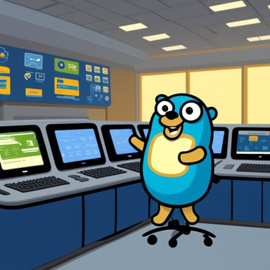 Go Blue Gopher sitting at a control panel with screens showing email and SMS icons flying to their destinations.