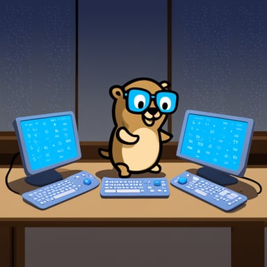 Go Blue Gopher sitting at a control panel with screens showing email and SMS icons flying to their destinations.