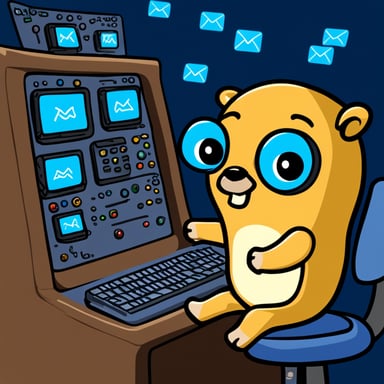 Go Blue Gopher sitting at a control panel with screens showing email and SMS icons flying to their destinations.
