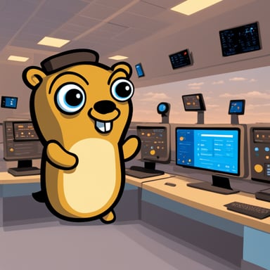 Go Blue Gopher sits at a control panel, monitoring screens as email and SMS icons zoom towards their destinations.