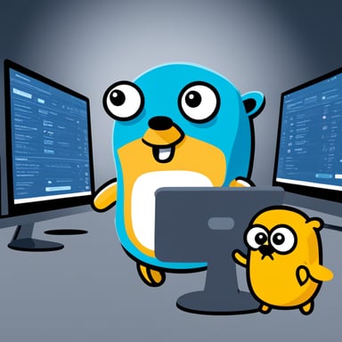 Go Blue Gopher sits at a control panel, monitoring screens as email and SMS icons zoom towards their destinations.