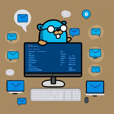 Go Blue Gopher sits at a control panel, monitoring screens as email and SMS icons zoom towards their destinations.