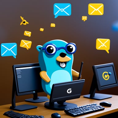 Go Blue Gopher sits at a control panel, monitoring screens as email and SMS icons zoom towards their destinations.