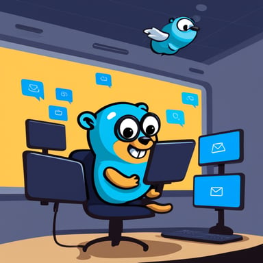 Go Blue Gopher sitting at a control panel with screens showing email and SMS icons flying to their destinations.