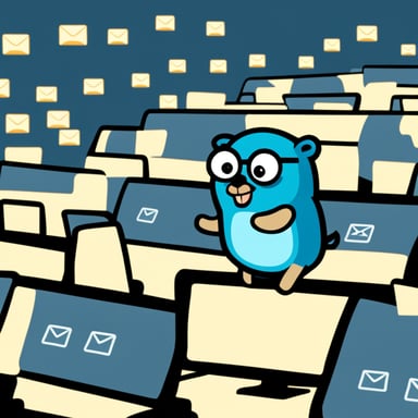Go Blue Gopher sitting at a control panel with screens showing email and SMS icons flying to their destinations.