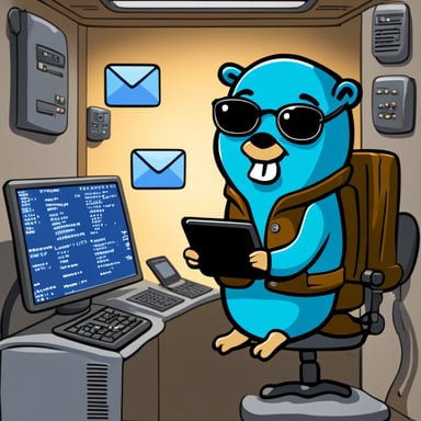 Go Blue Gopher sitting at a control panel with screens showing email and SMS icons flying to their destinations.