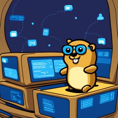 Go Blue Gopher sitting at a control panel with screens showing email and SMS icons flying to their destinations.