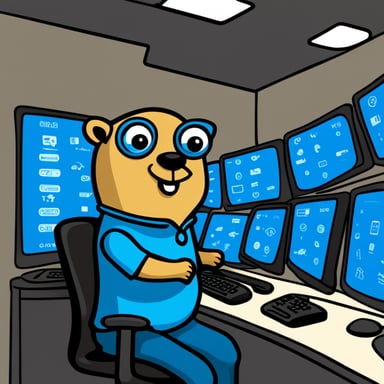 Go Blue Gopher sitting at a control panel with screens showing email and SMS icons flying to their destinations.