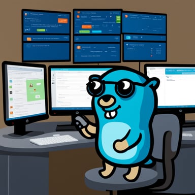 Go Blue Gopher sits at a control panel, managing the flow of emails and SMS messages as they zoom towards their destinations on the screen.