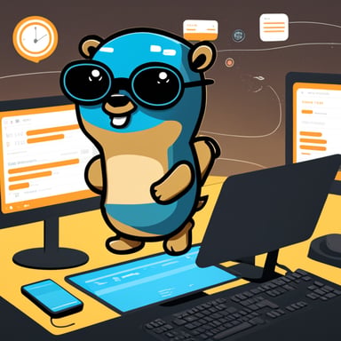Go Blue Gopher sits at a control panel, managing the flow of emails and SMS messages as they zoom towards their destinations on the screen.