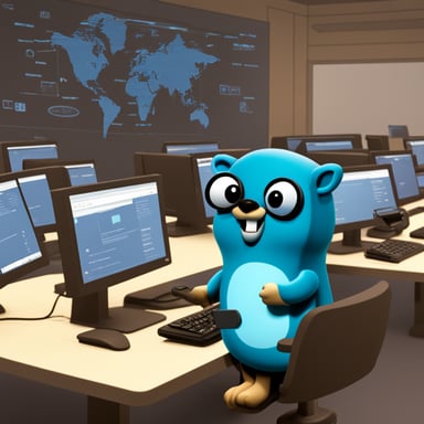 Go Blue Gopher sits at a control panel, managing the flow of emails and SMS messages as they zoom towards their destinations on the screen.