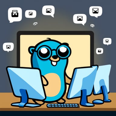 Go Blue Gopher sitting at a control panel with screens showing email and SMS icons flying to their destinations.