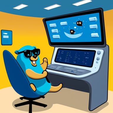 Go Blue Gopher sitting at a control panel with screens showing email and SMS icons flying to their destinations.