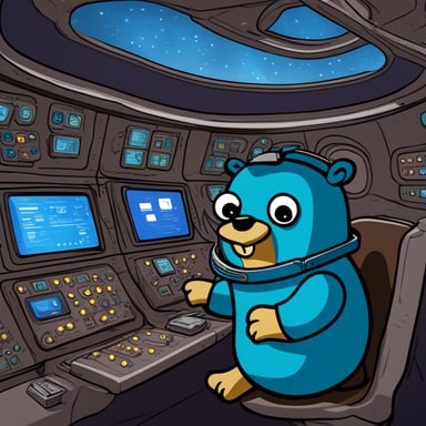 Go Blue Gopher sits at the control panel of a spaceship, with screens displaying email and SMS icons zooming towards their destinations.