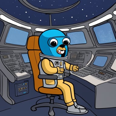 Go Blue Gopher sits at the control panel of a spaceship wearing an astronaut suit, with screens displaying email and SMS icons zooming towards their destinations.