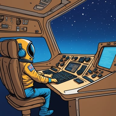 Go Blue Gopher, clad in an astronaut suit, occupies the captain's seat at the spaceship's control panel, intently monitoring screens where email and SMS icons are depicted zooming towards their intended destinations.