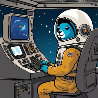 Go Blue Gopher, clad in an astronaut suit, occupies the captain's seat at the spaceship's control panel, intently monitoring screens where email and SMS icons are depicted zooming towards their intended destinations.