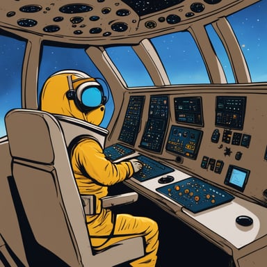 Go Blue Gopher, clad in an astronaut suit, occupies the captain's seat at the spaceship's control panel, intently monitoring screens where email and SMS icons are depicted zooming towards their intended destinations.