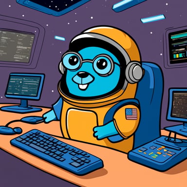 Go Blue Gopher sits at the control panel of a spaceship wearing an astronaut suit, with screens displaying email and SMS icons zooming towards their destinations.