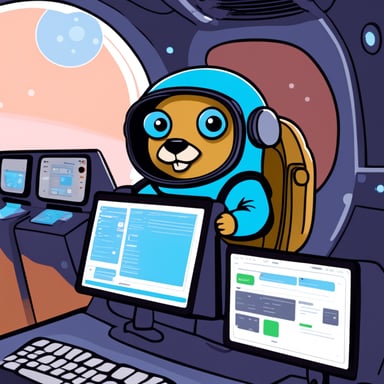Go Blue Gopher sits at the control panel of a spaceship wearing an astronaut suit, with screens displaying email and SMS icons.