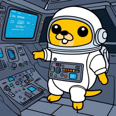 Go Blue Gopher sits at the control panel of a spaceship wearing an astronaut suit, with screens displaying email and SMS icons.