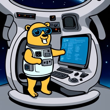 Go Blue Gopher sits at the control panel of a spaceship wearing an astronaut suit, with screens displaying email and SMS icons.
