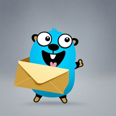A cute Go Blue Gopher popping out of an envelope or message bubble, waving hello.