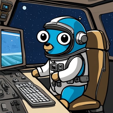 Go Blue Gopher, clad in an astronaut suit, sits at the spaceship's control panel, with screens around them showing emails and SMS icons speeding towards their destinations.