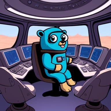 Go Blue Gopher sits at the control panel of a spaceship suit, with screens displaying email and SMS icons zooming towards their destinations.