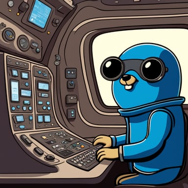 Go Blue Gopher sits at the control panel of a spaceship suit, with screens displaying email and SMS icons zooming towards their destinations.