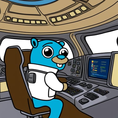 Go Blue Gopher sits at the control panel of a spaceship suit, with screens displaying email and SMS icons zooming towards their destinations.