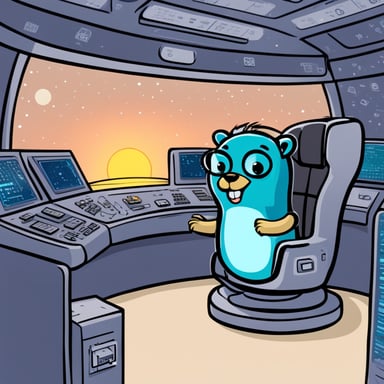 Go Blue Gopher sits at the control panel of a spaceship, with screens displaying email and SMS icons zooming towards their destinations.