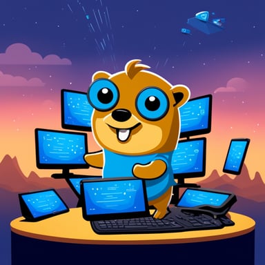 Go Blue Gopher sitting at a control panel with screens showing email and SMS icons flying to their destinations.