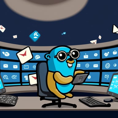 Go Blue Gopher sitting at a control panel with screens showing email and SMS icons flying all over it.