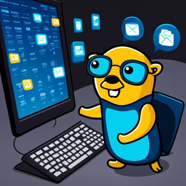 Go Blue Gopher sitting at a control panel with screens showing email and SMS icons flying all over it.