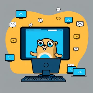 Go Blue Gopher sitting at a control panel with screens showing email and SMS icons flying all over it.