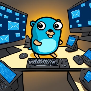 Go Blue Gopher is sitting at a control panel with screens showing email and SMS and tweet icons flying all over it.