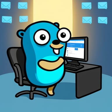Go Blue Gopher is sitting at a control panel with screens showing email and SMS and tweet icons flying all over it.