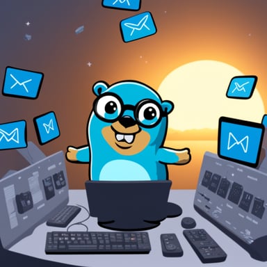 Go Blue Gopher is sitting at a control panel with screens showing email and SMS and tweet icons flying all over it.