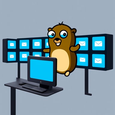 Go Blue Gopher is sitting at a control panel with screens showing email and SMS and tweet icons flying all over it.