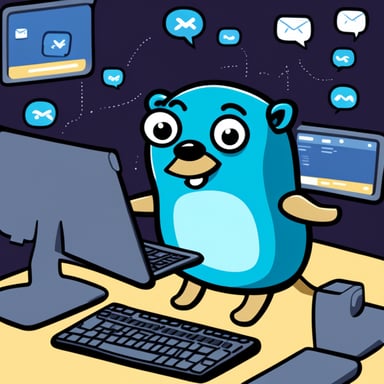 Go Blue Gopher is sitting at a control panel with screens showing email and SMS and tweet icons flying all over it.