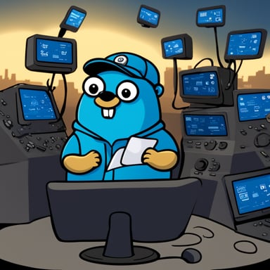 Go Blue Gopher is sitting at a control panel with screens showing email and SMS and tweet icons flying all over it.