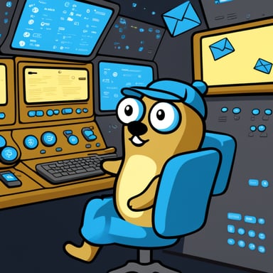 Go Blue Gopher is sitting at a control panel with screens showing email and SMS and tweet icons flying all over it.