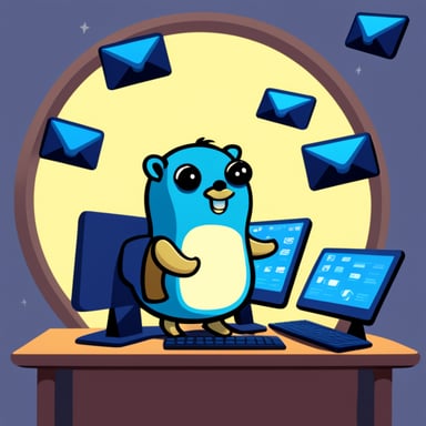 Go Blue Gopher is sitting at a control panel with screens showing email and SMS and tweet icons flying all over it.