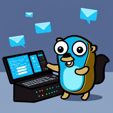 Go Blue Gopher is sitting at a control panel with screens showing email and SMS and tweet icons flying all over it.