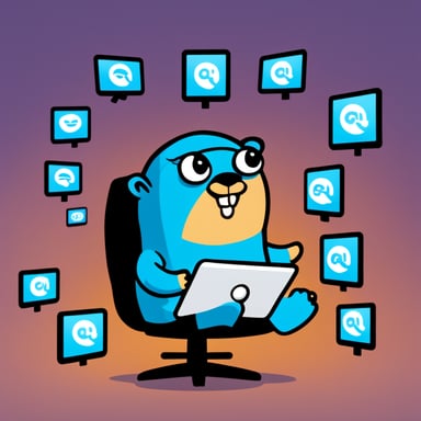 Go Blue Gopher is sitting at a control panel with screens showing email and SMS and tweet icons flying all over it.